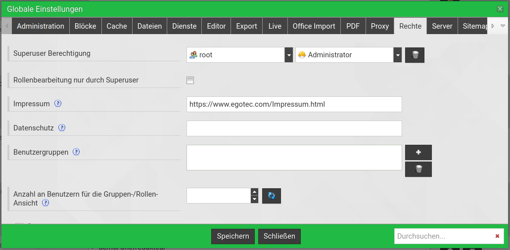 Globale Einstellungen _ Rechte  _ Allgemein