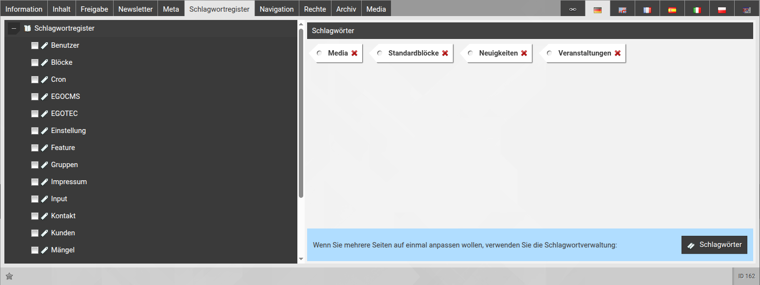 Ansicht des Schlagwortreiters Ansicht des Schlagwortregisters einer Seite mit ausgewählten Schlagwörtern